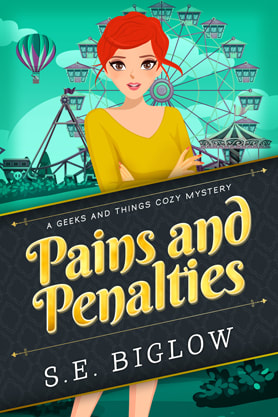 Cozy mystery book cover design, ebook kindle amazon, S E Biglow, Pains and Penalties