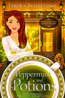 Cozy mystery book cover design, ebook kindle amazon, Thora Bluestone, Peppermint and Potions