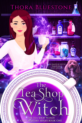 Cozy mystery book cover design, ebook kindle amazon, Thora Bluestone, The Tea Shop Witch