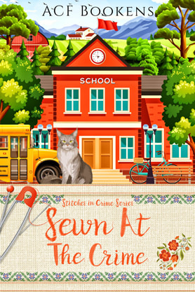 Cozy mystery book cover design, ebook kindle amazon, ACF Bookens, Sewn at the Crime