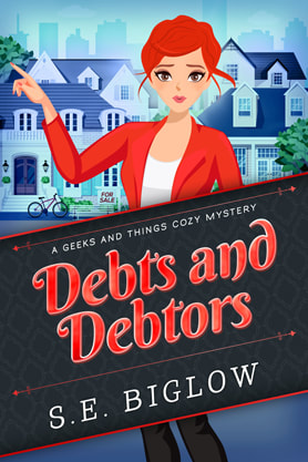 Cozy mystery book cover design, ebook kindle amazon, S E Biglow, Debts and Debtors