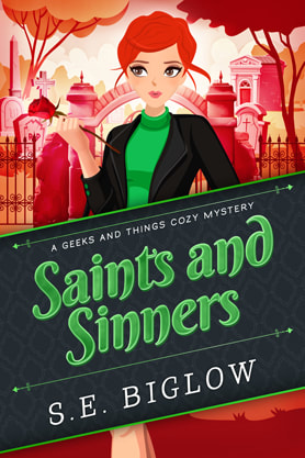 Cozy mystery book cover design, ebook kindle amazon, S E Biglow, Saints and Sinners