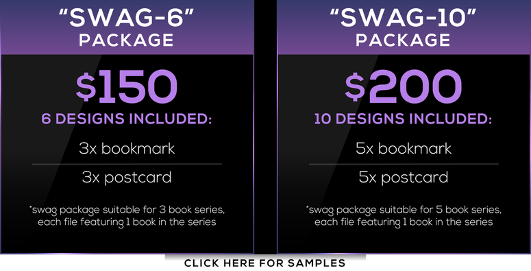 swag package, bookmark, postcard, book series